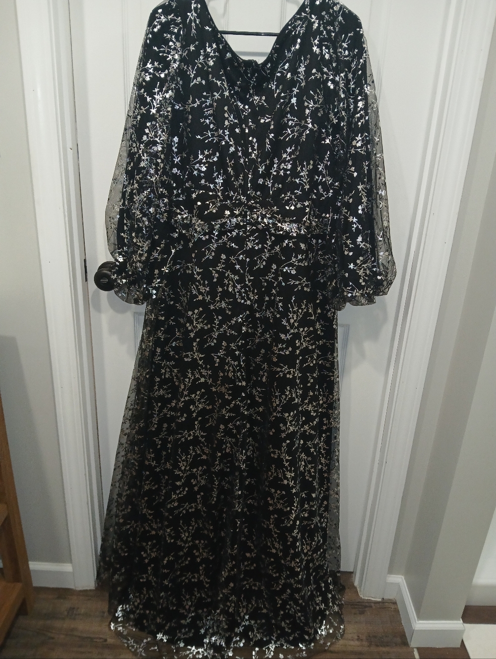 Black Mesh Maxi Dress with Silver Floral Embroidery Length Is 54 - Picture 1 of 2